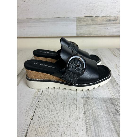 Pierre Dumas Women’s 7 Black Leather Suede Buckle Slip-On Platform Wedge Sandals - Picture 4 of 7